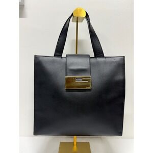 Gucci Vintage Black Leather Tote Bag Gold G Logo Hardware Square Handbag